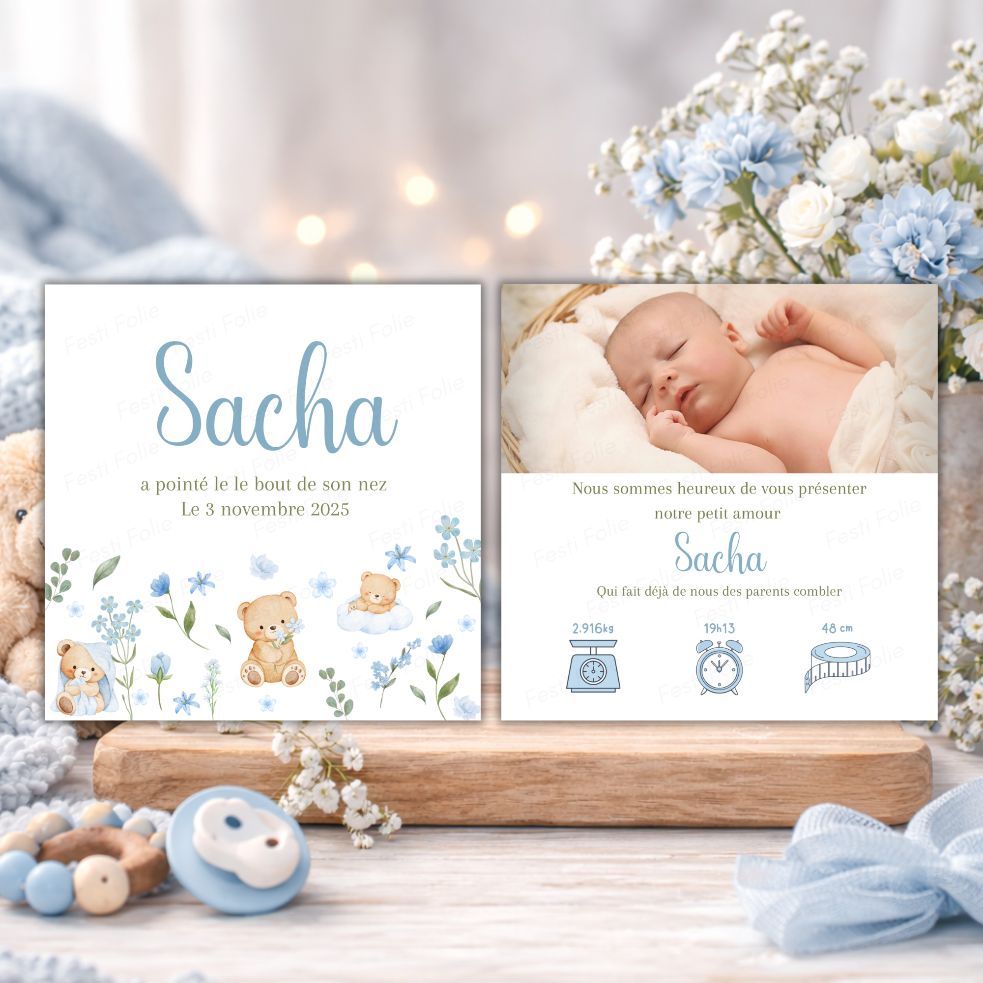 Faire-part de naissance - Nounours fleuri